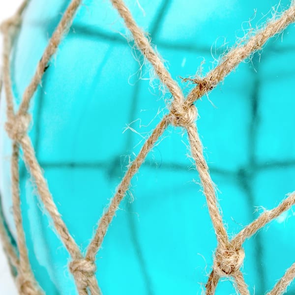 15.25 in. 1-Light Aqua Buoy Rope Nautical Netted Coastal Ocean Sea Glass Table Lamp with White Fabric Shade