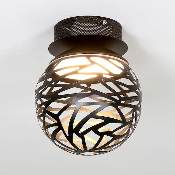 8 in. 12-Watt Globe Black Integrated LED Flush Mount with Metal Lampshade