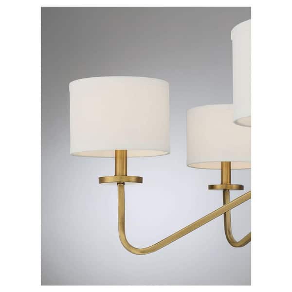 Meridian 42 in. W x 18 in. H 6-Light Natural Brass Chandelier with White Fabric Shades