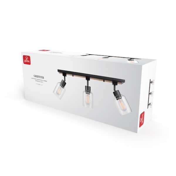 Griffith 25 in. 3-Light Faux Wood and Matte Black Track Lighting with Clear Glass Shades