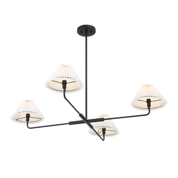 4-Light Matte Black Minimalistic Chandelier with White Pleated Fabric Shades