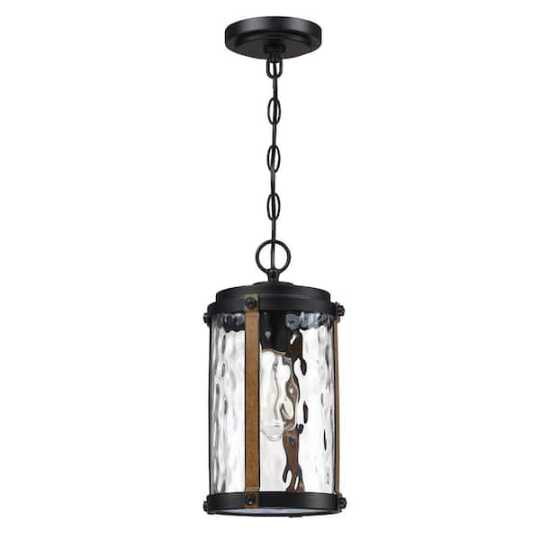 Alfa 1-Light Matte Black and Barnwood Accents Outdoor Hanging Lantern Pendant Light with Water Glass Shade