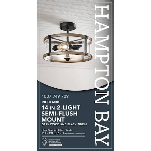 Richland 2-Light Grey Wood Semi Flush Mount Clear Seedy Glass