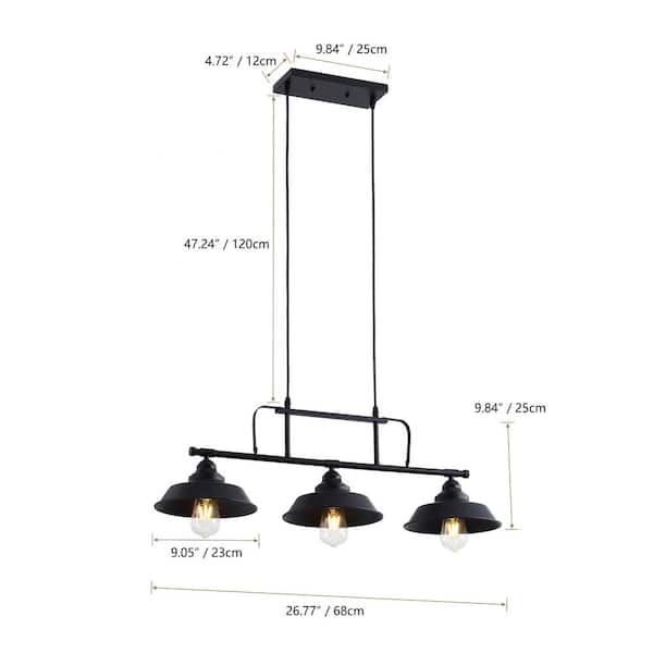 3-Light Black Kitchen Island Linear Pendant Light Industrial Ceiling Hanging Fixture with Metal Shade