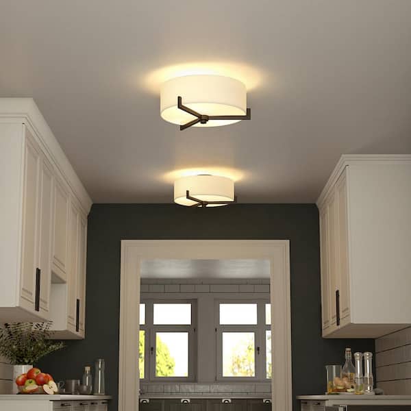 Hamlin 17.63 in. 2-Light Blackened Bronze and White Semi Flush Mount with Fabric Shade