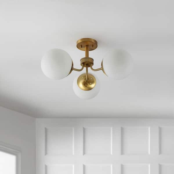Olivier 23.5 in. 3-Light Brass Gold Bohemian Farmhouse Iron/Frosted Glass LED Semi Flush Mount, White