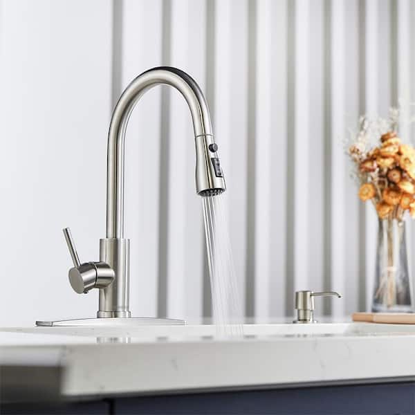 Single-Handle Kitchen Faucet with Pull Down Sprayer High-Arc Kitchen Sink Faucet with Deck Plate in Brushed Nickel
