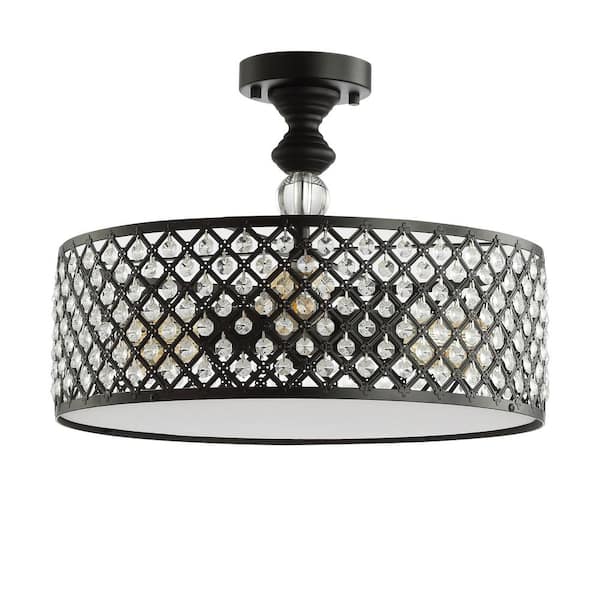 Elise 17 in. 3-Light Crystal/Metal Drum Semi-Flush Mount, Black