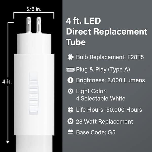 18-Watt 4 ft. T5 G13 Type A Plug and Play Linear LED Tube Light Bulb, Selectable White (2-Pack)
