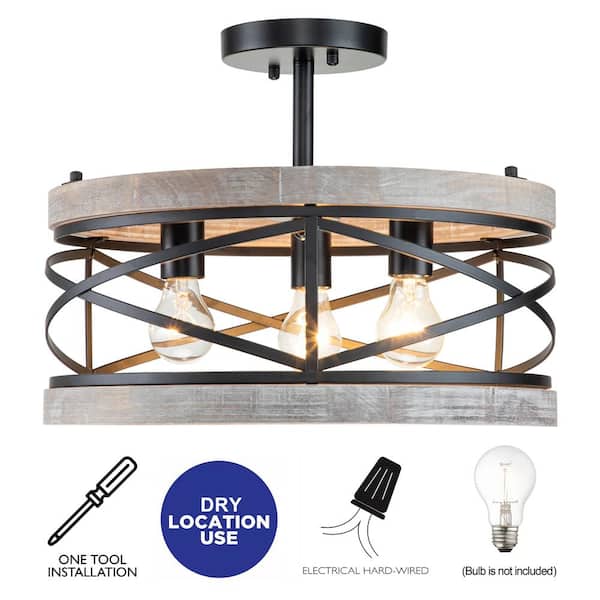 17.25 in. 3-Light Black Semi-Flush Mount with Wood Accent