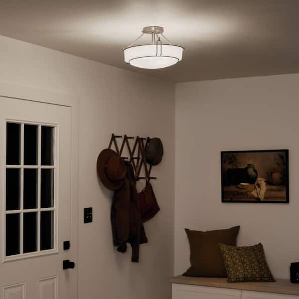 Alkire 16.5 in. 3-Light Brushed Nickel Hallway Transitional Semi-Flush Mount Ceiling Light with Frosted Glass
