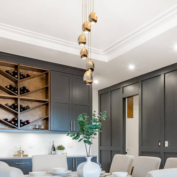 Venezia 9 in. 7-Light ETL Certified Integrated LED Gold Chandelier Height Adjustable Pendant with Champagne Glass Shades