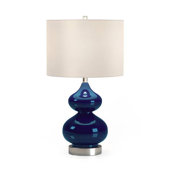 Katrina 23 in. Navy Blue Glass and Satin Nickel Table Lamp with Fabric Shade