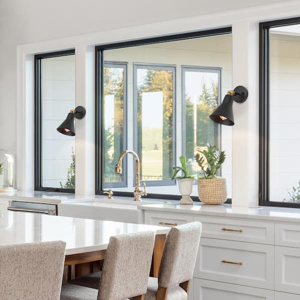 Modern Black and Brass 1-Light Swivel Wall Sconce with Bell Metal Shade Industrial Wall Light