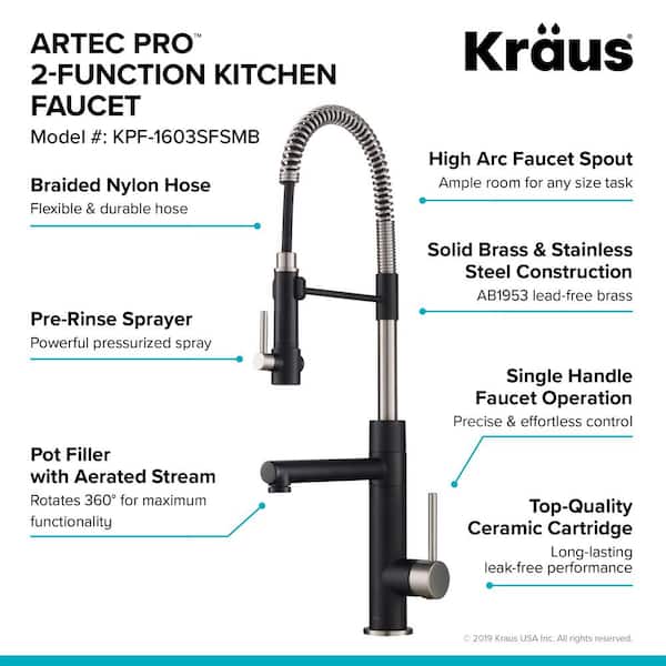 Artec Pro Single Handle Pull Down Sprayer Kitchen Faucet with Pot Filler in Spot Free Stainless Steel/Matte Black