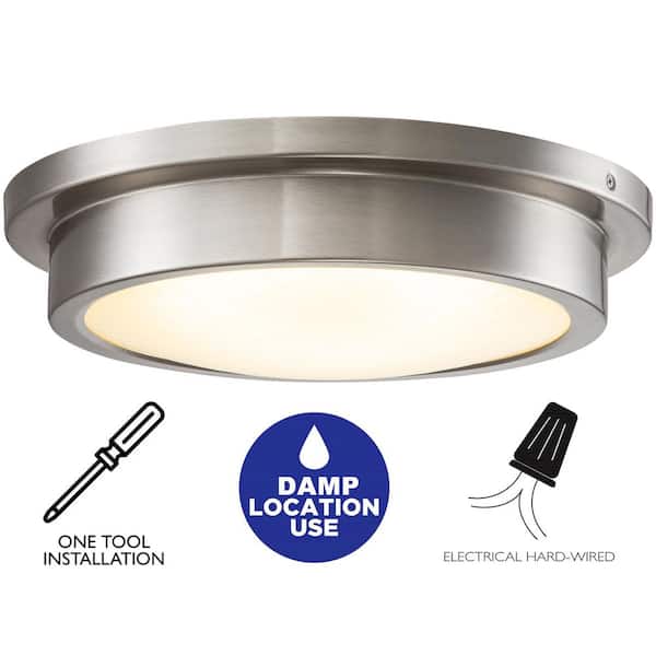 14 in. 1-Light Brushed Nickel Dimmable 30-Watt LED Flush Mount Ceiling Light with Glass Shade