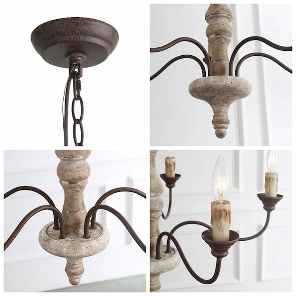 Wood Candle Chandelier 5-Light Weathered White Dining Room Chandelier Bronze Rustic Chandelier with French Country Style