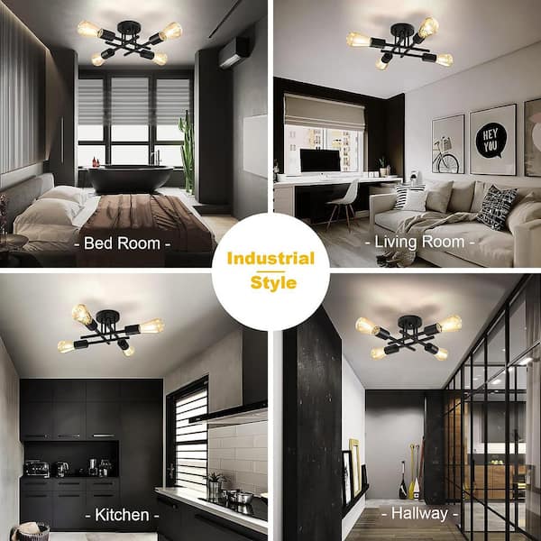 14 in. 4-Light Modern Sputnik Linear Black Metal Semi- Flush Mount Ceiling Lights Fixture Sputnik Chandelier Light