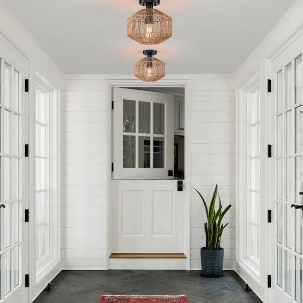 10.2 in. 1-Light Bohemian Natural Jute Rope Semi-Flush Mount Ceiling Light with Black Hardware