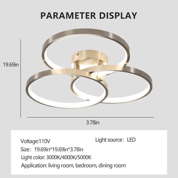 LED 3 Rings LED Light Fixtures Semi-Flush Mount Gold Chandelier Dimmable 3000K-5000K Modern Ceiling Lamp