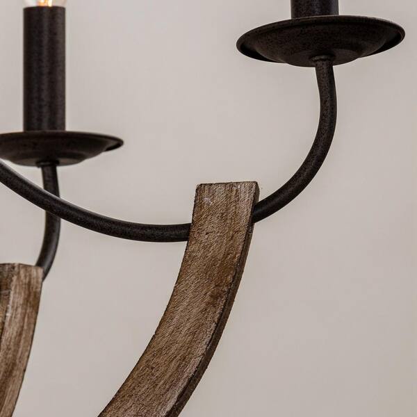 30 in. 6-Light Modern Distressed Black and Wood Farmhouse Candlestick Chandelier