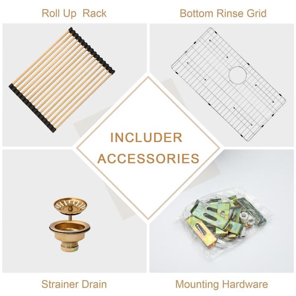 36 in. Farmhouse/Apron-Front Single Bowl 16-Gauge Gold Stainless Steel Deep Kitchen Sink with Bottom Grids