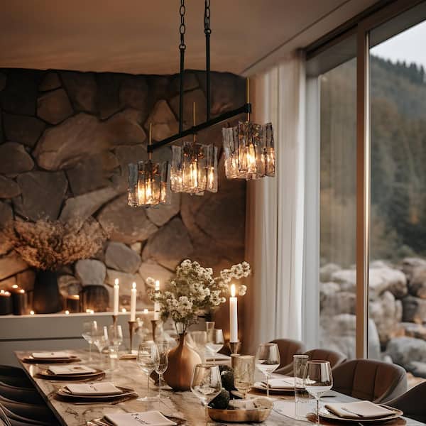 Echonalyri Modern Island 3-Light Glam Matte Black and Plating Brass Chandelier with Geometric Textured Glass Shades