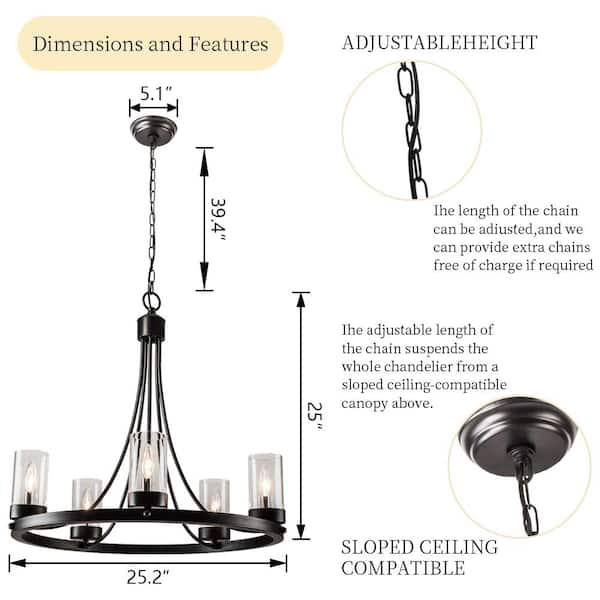 Bismarck 5-Light Black Candle Style Wagon Wheel Chandelier with Wrought Iron Accents