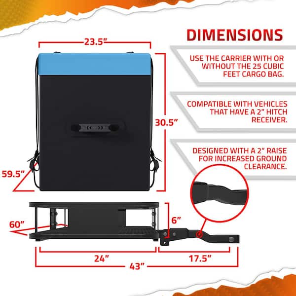 500 lbs. Capacity XL Hitch Mount Cargo Carrier Set - Folding Shank and 2 in. Raise, Cargo Bag, Net, Straps, Locks - Blue
