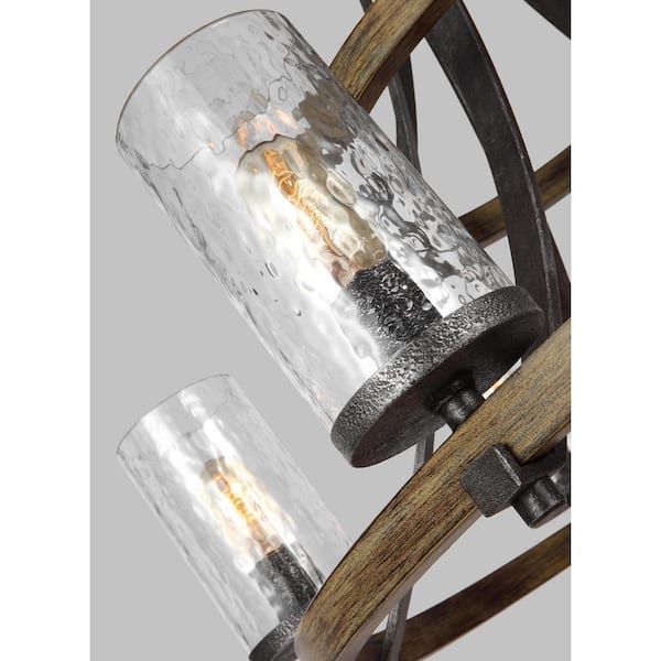 Angelo 9-Light Distressed Weathered Oak / Slate Grey Metal Rustic Farmhouse Wagon Wheel Chandelier with Clear Wavy Glass