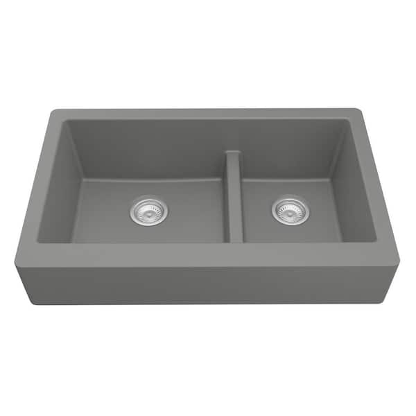 QAR-760 Quartz/Granite 34 in. Double Bowl 60/40 Retrofit Farmhouse/Apron Front Kitchen Sink in Grey w/ Grid and Strainer