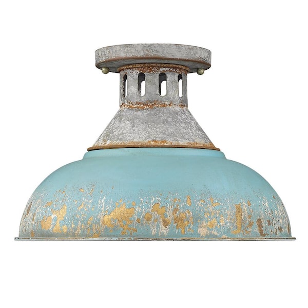 Kinsley 14 in. 1-Light Aged Galvanized Steel Teal Shade Semi-Flush Mount