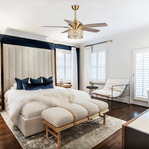 52 in. Indoor Antique Gold 3-Light Downrod Mount Chandelier Ceiling Fan with Crystal Light Kit and Remote Control