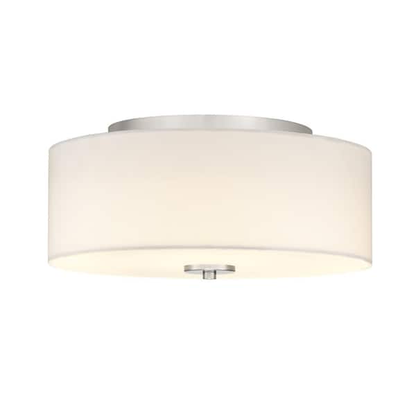 Inspire Collection 13 in. Transitional Brushed Nickel LED Bedroom Drum Shade Ceiling Light with White Linen Shade
