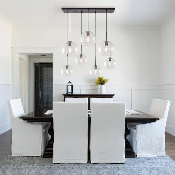 REVERSO 7-Light Metal Black Waterfall Cluster Modern Chandelier with 2-Size Globle Clear Glass Shades for Dining Room