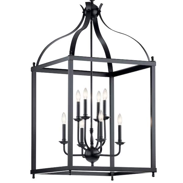 Larkin 8-Light Black Traditional Candle Cage Foyer Pendant Hanging Light