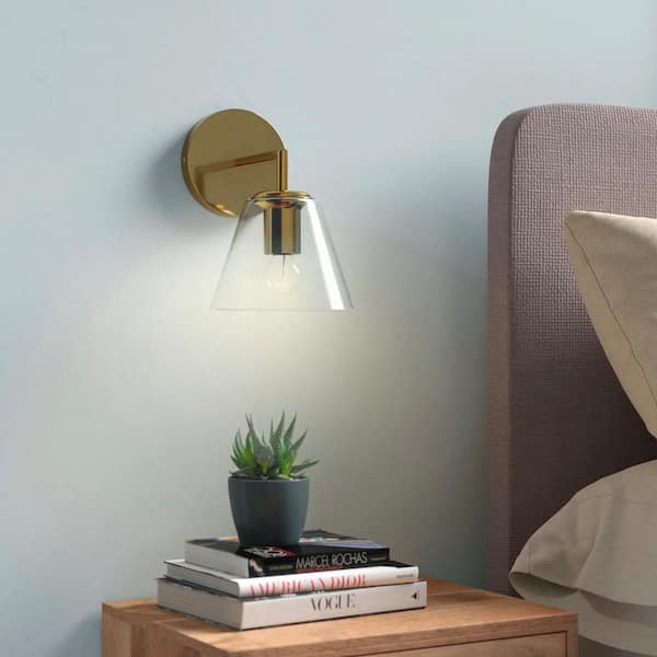 1-Light Gold Vintage Industrial Wall Sconce with Clear Glass Shade