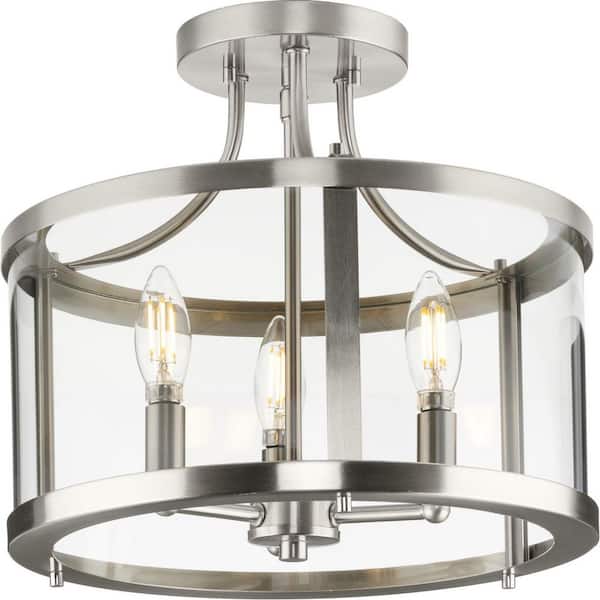 Gilliam 13 in. 3-Light Brushed Nickel Semi-Flush Mount with Clear Glass Shade