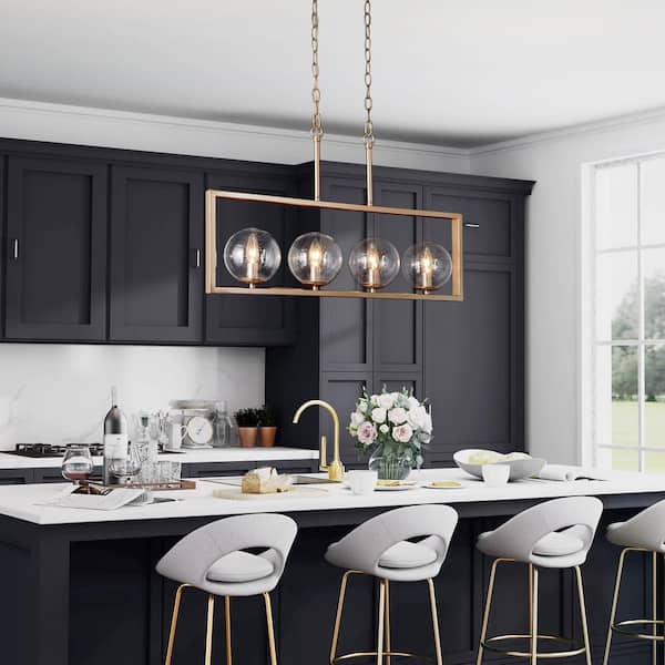 Modern Gold Kitchen Island Chandelier, 30 in. 4-Light Farmhouse Brass Globe Dining Living Room Chandelier Pendant Light