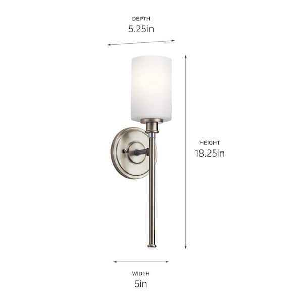 Joelson 5 in. 1-Light Brushed Nickel Transitional Bathroom Wall Sconce with Satin Etched Cased Opal Shade
