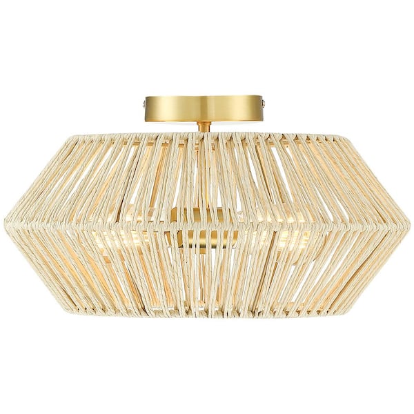 Bohe 16 in. 2-Light Brass/Beige Bohemian Woven Rope Semi-Flush Mount Ceiling Light