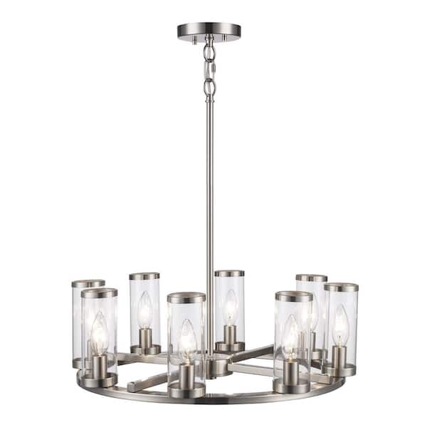 Loveland 8-Light Brushed Nickel Wagon Wheel Chandelier Light Fixture with Clear Glass Shades