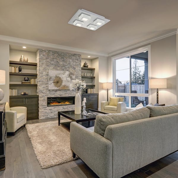 Masiano 10.625 in. W 4-Light Brushed Aluminum Integrated LED Semi-Flush Mount Light with White Shades