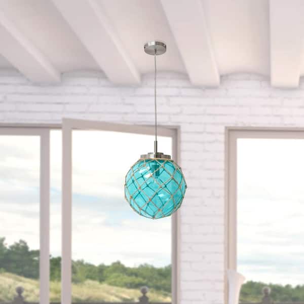 1-Light Buoy Netted Aqua Brushed Nickel Coastal Ocean Sea Glass Pendant