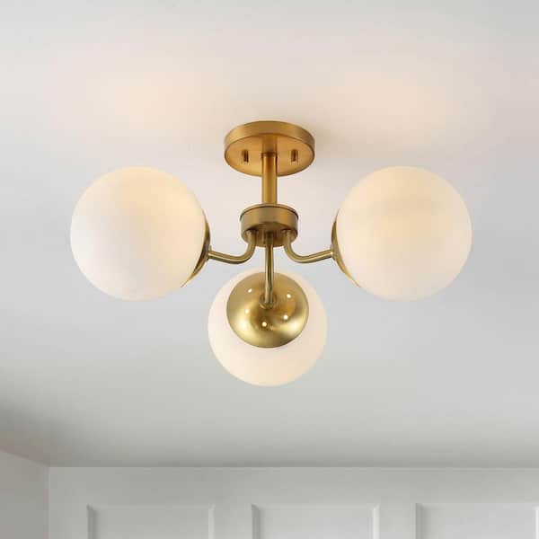 Olivier 23.5 in. 3-Light Brass Gold Bohemian Farmhouse Iron/Frosted Glass LED Semi Flush Mount, White