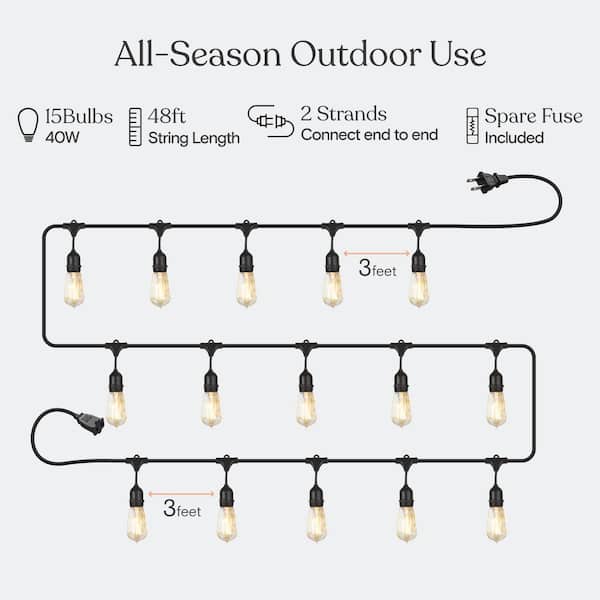 Ambience Pro 15-Light 48 ft. Outdoor Plug-in 40W Incandescent ST64 Hanging Vintage Edison Bulb String-Light