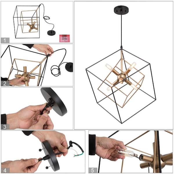 Black Sputnik Candlestick Island Chandelier, Linear Square Modern Industrial 6-Light Gold Nested Cage Pendant Light