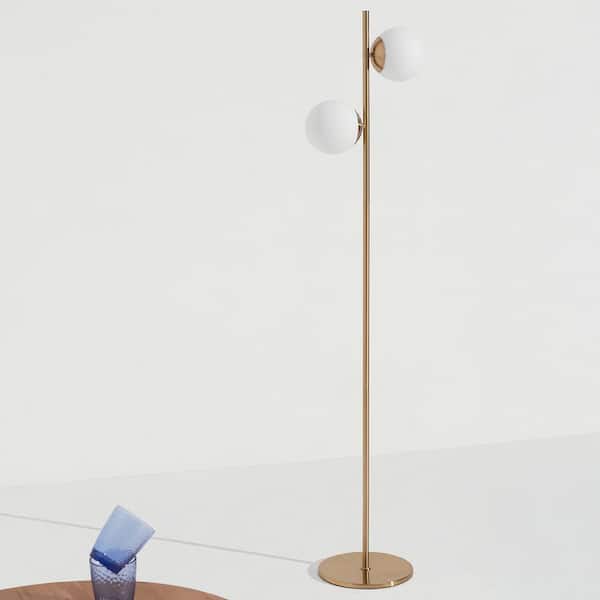 Sphere 65 in. Brass LED Floor Lamp with 2 Frosted Globe Shades