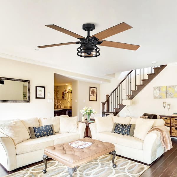 52 in. Industrial Downrod Mount Black Ceiling Fan with Remote Control and Light Kit