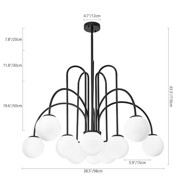 Erik 10-Light Black Unique Modern Elbow Sputnik Chandelier with Frosted White Glass Globe Bubble